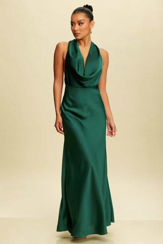 Solid Satin Halter Dress Green