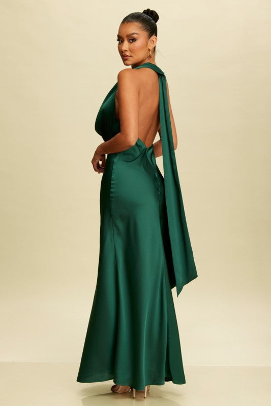 Solid Satin Halter Dress Green