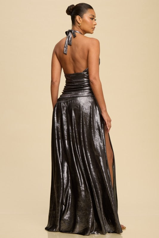 Black Silver Metallic Halter Maxi Dress