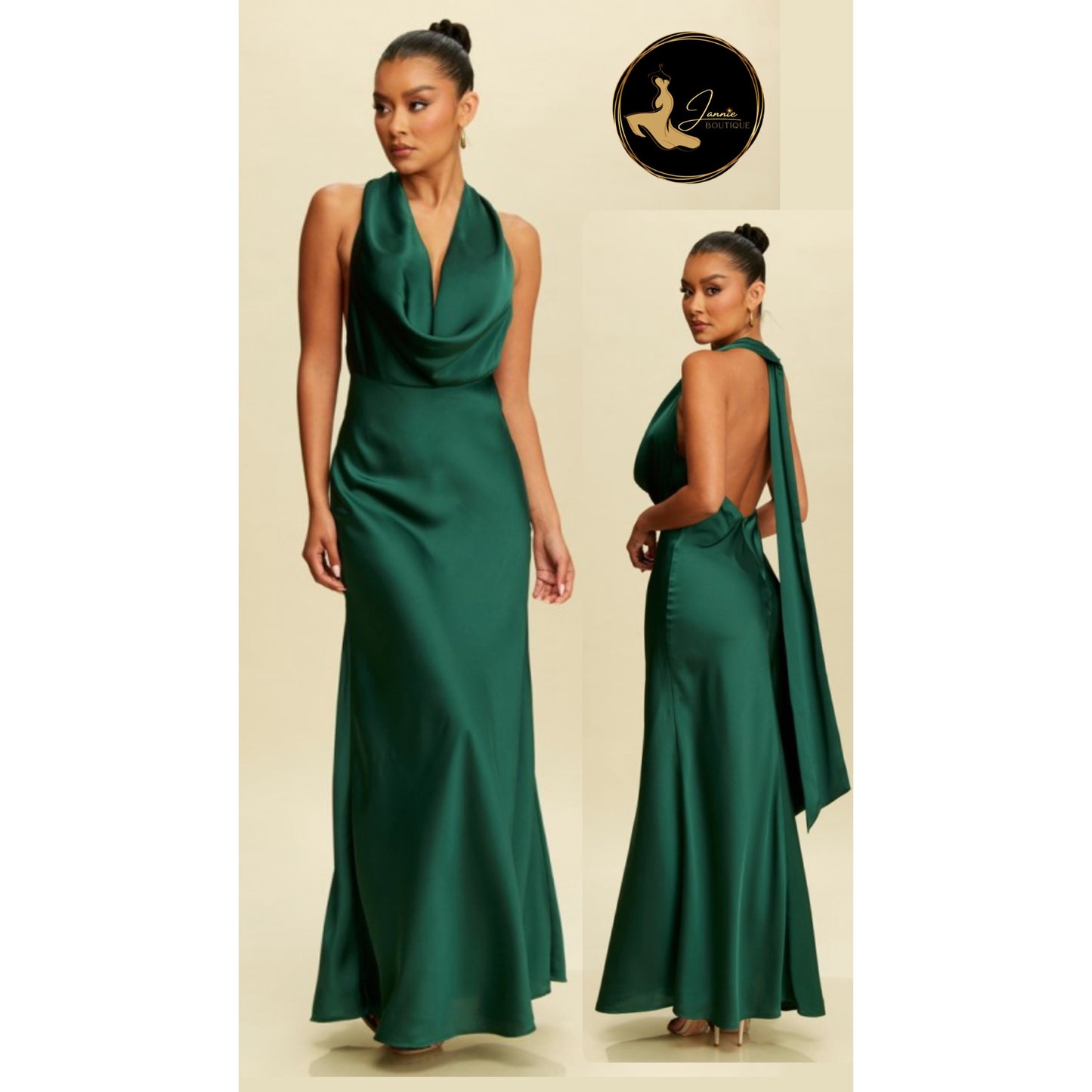 Solid Satin Halter Dress Green