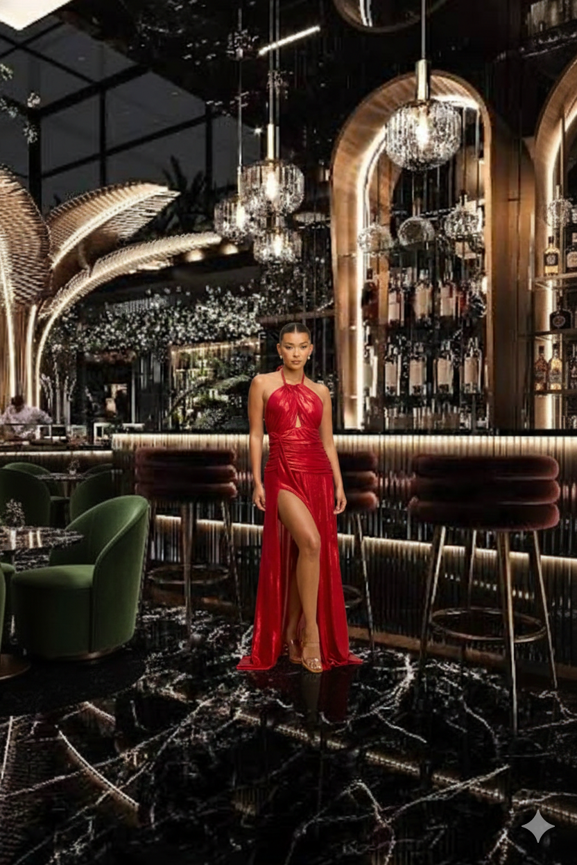 Red Metallic Halter Maxi Dress