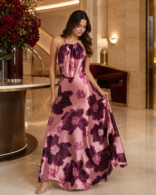 Burgundy Blossom Satin Maxi Dress