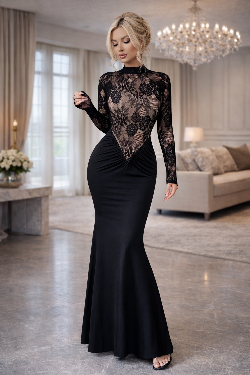 Black Turtleneck See-Through Lace Maxi Dress