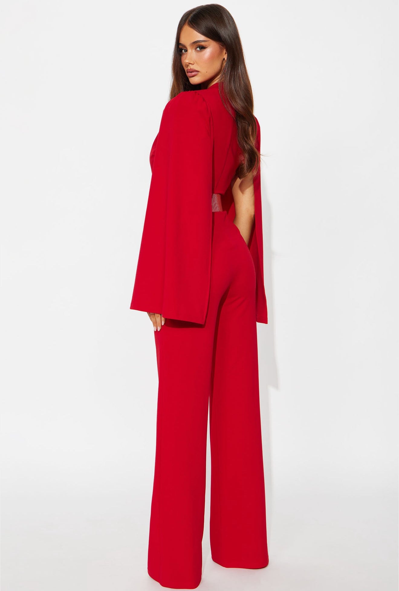 Cape Sleeve Belted Jumpsuit - Red