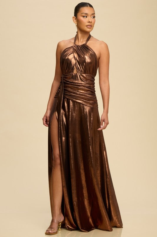 Brown Metallic Halter Maxi Dress