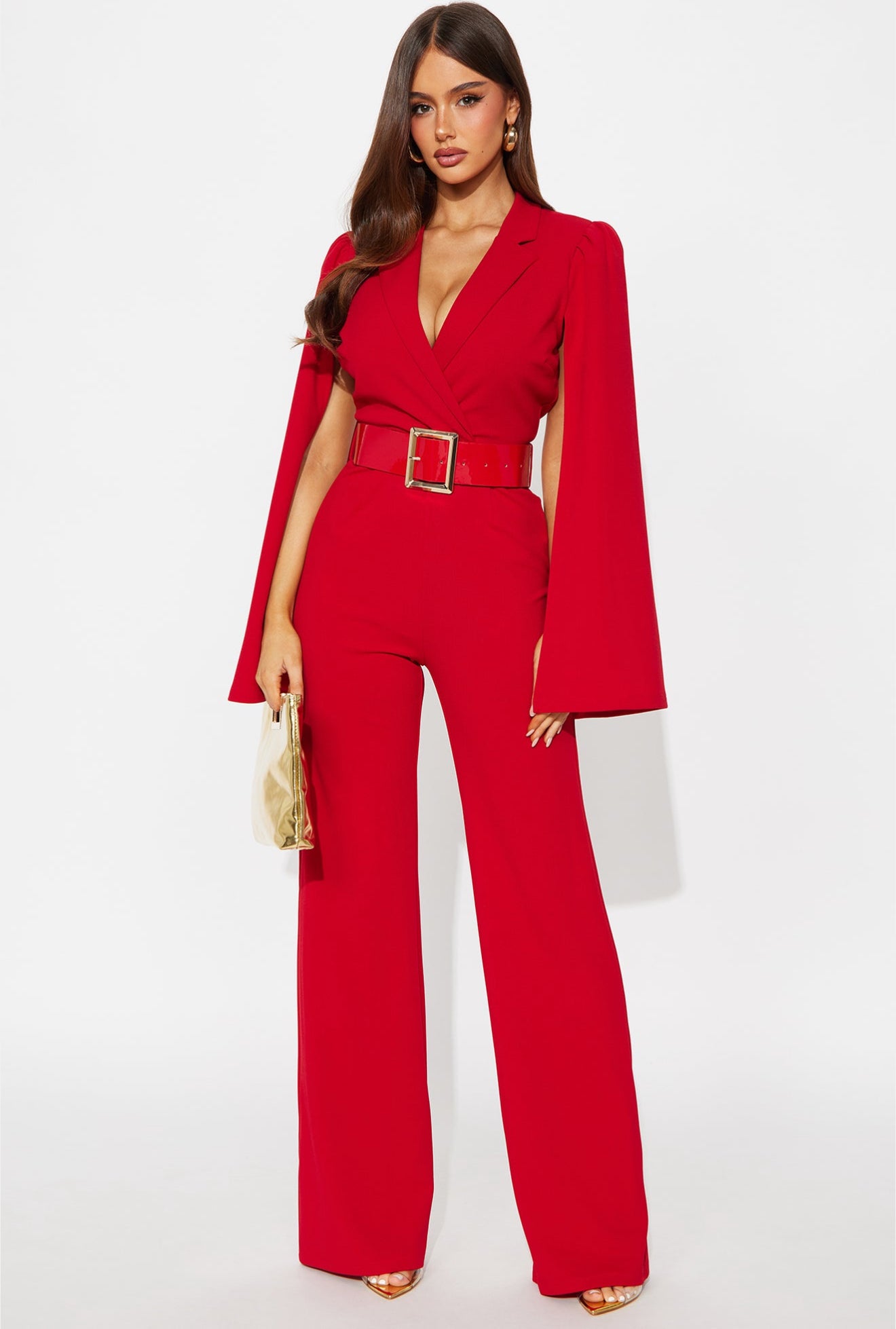 Cape Sleeve Belted Jumpsuit - Red
