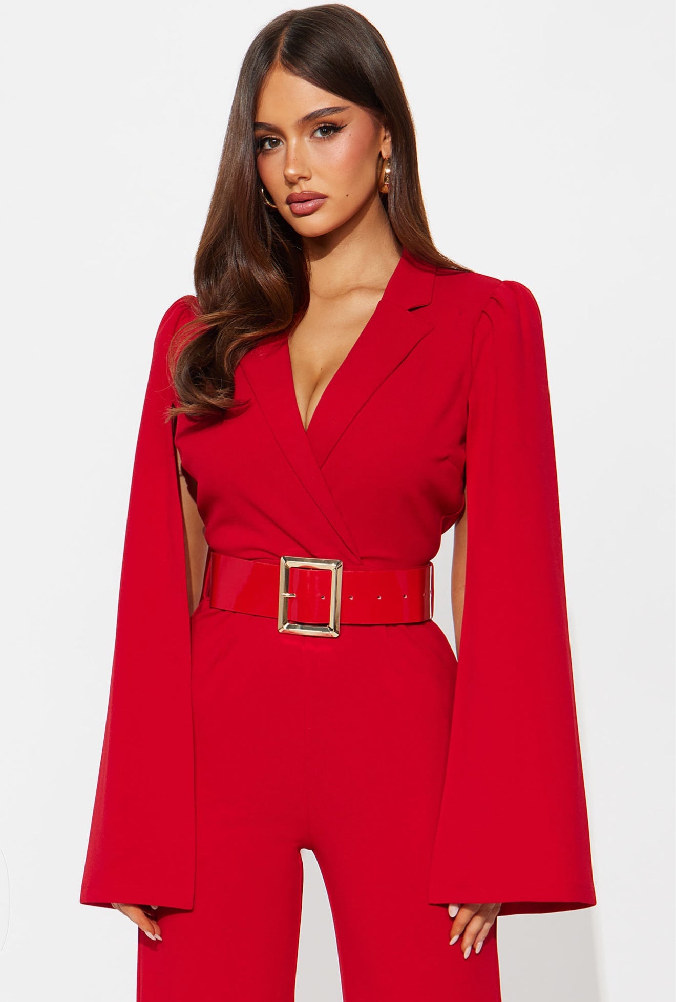Cape Sleeve Belted Jumpsuit - Red