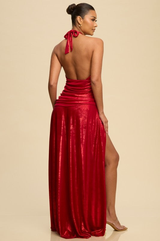 Red Metallic Halter Maxi Dress