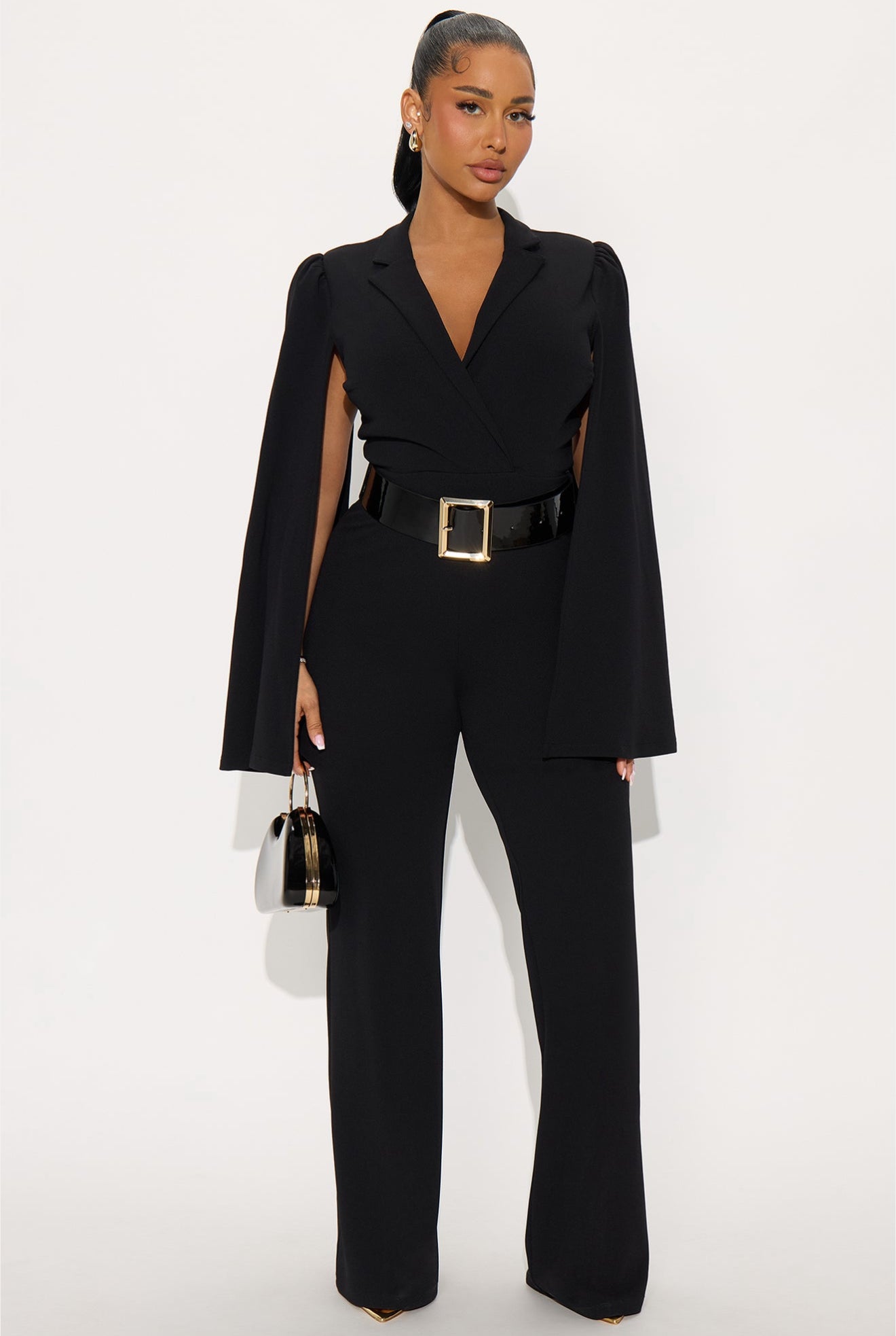 Cape Sleeve Belted Jumpsuit - Black