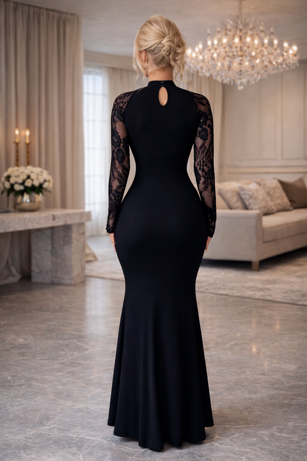 Black Turtleneck See-Through Lace Maxi Dress