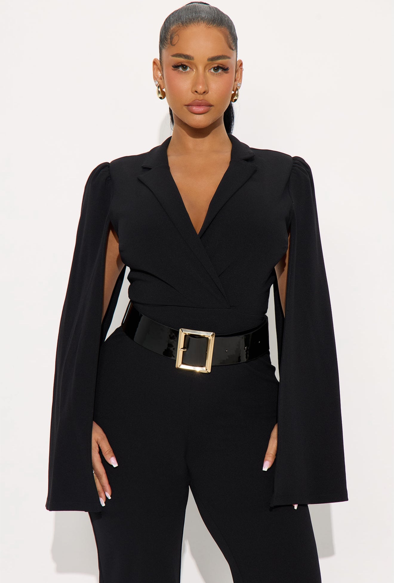 Cape Sleeve Belted Jumpsuit - Black