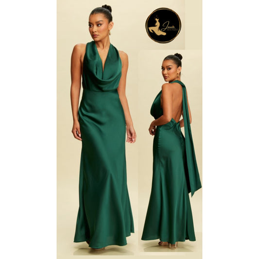 Solid Satin Halter Dress Green