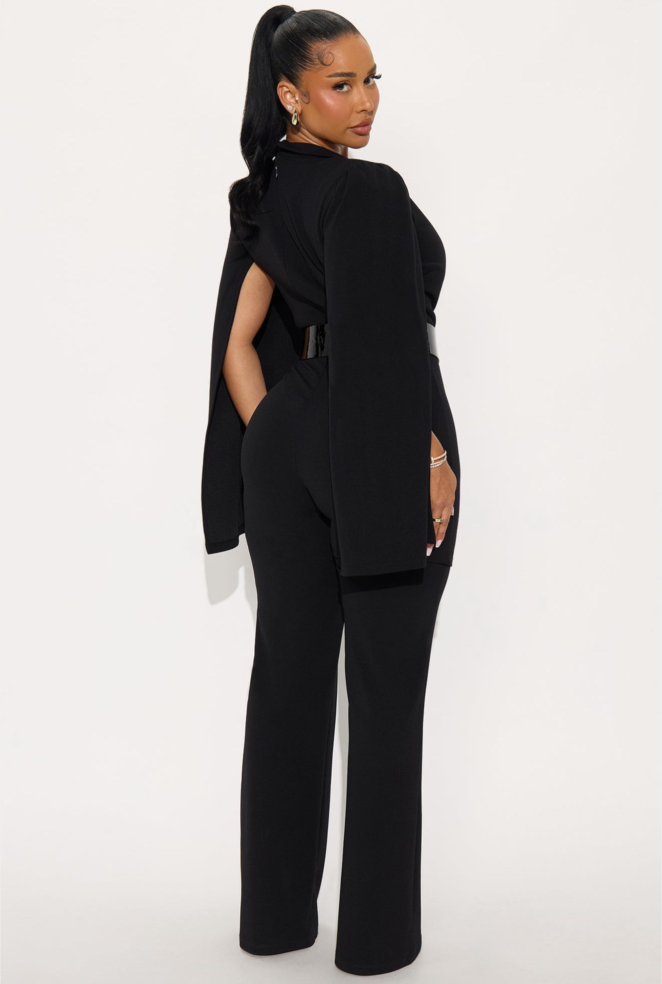 Cape Sleeve Belted Jumpsuit - Black